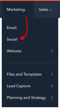 Marketing dropdown menu in HubSpot with red arrow pointed to the Social tool