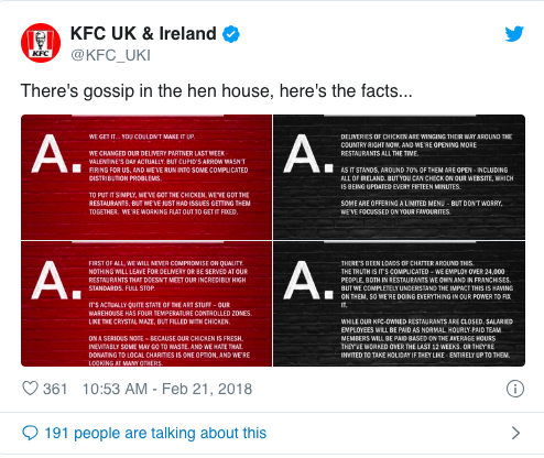 Tweet from KFC about chicken shortage: "There's gossip in the hen house, here's the facts..."