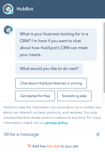 hubspot hubbot live chat tool conversation demo