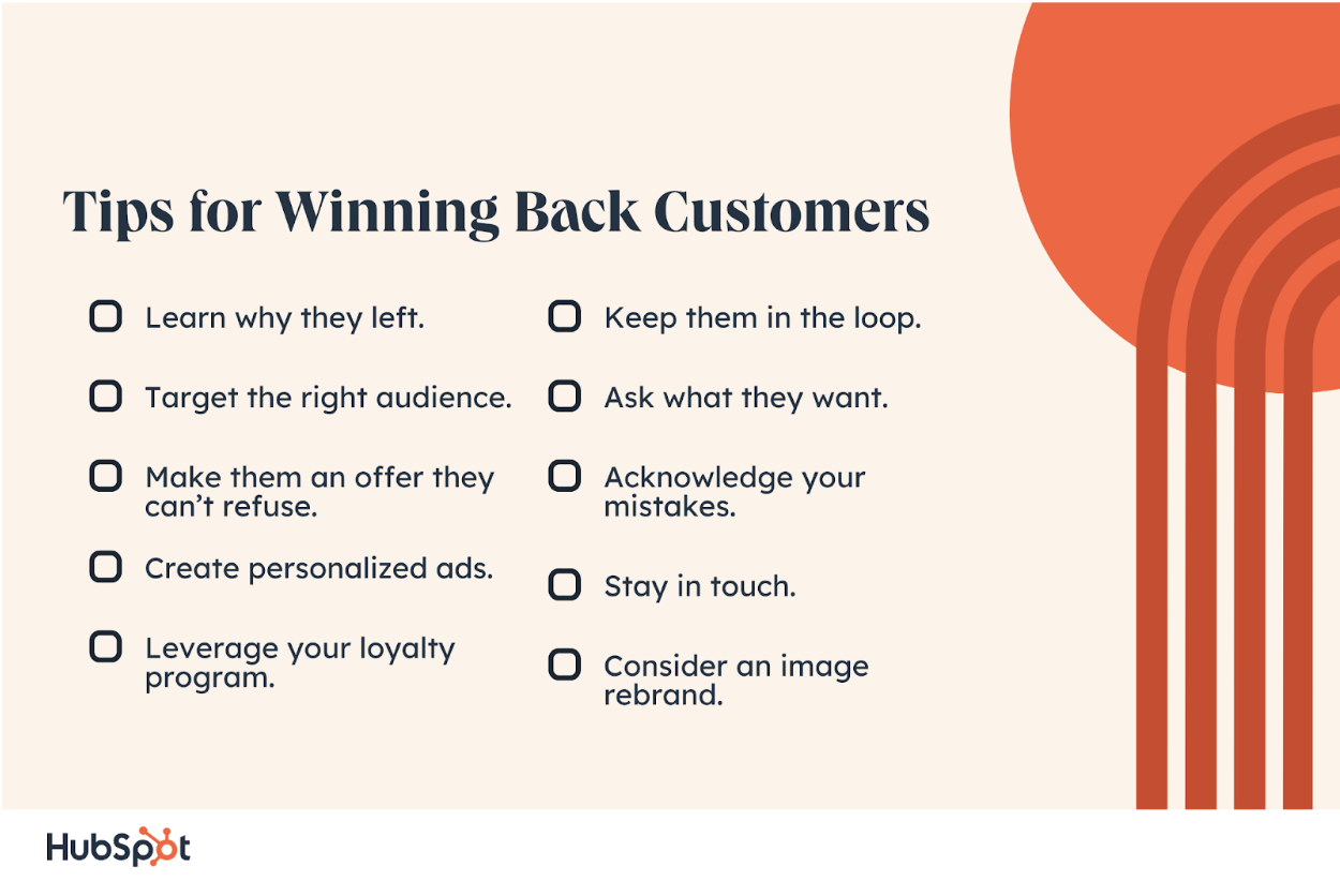  Tips for Winning Back Customers. Learn why they left. Target the right audience. Make them an offer they can’t refuse. Create personalized ads. Leverage your loyalty program. Keep them in the loop. Ask what they want. Acknowledge your mistakes. Stay in touch. Consider an image rebrand.
