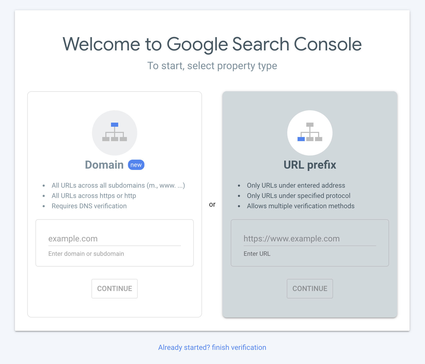 Typing in URL prefix to google search console