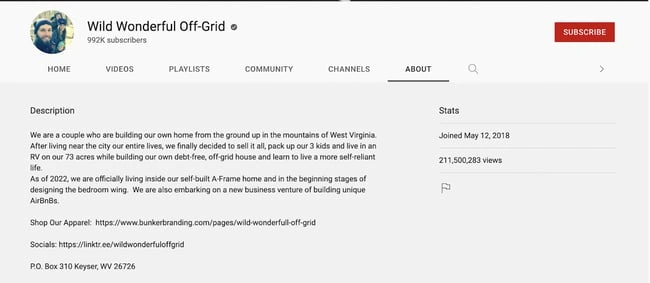 youtube channel description example: wild wonderful off-grid