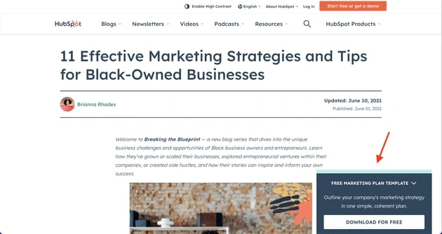 digital marketing examples: hubspot blog content offers