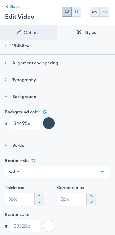 Edit video menu with style options as described in text