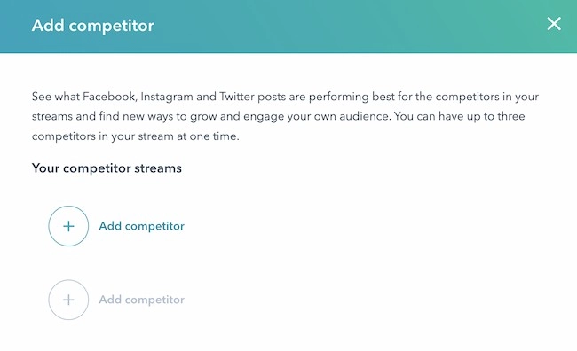 Screenshot of what users see on the screen when adding a “competitor” in the HubSpot social media tool.