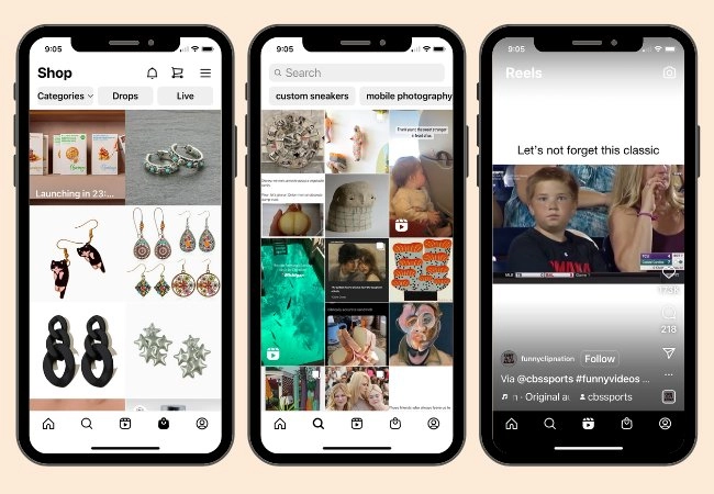 Image of three mobile devices, each showing different Instagram features. The first two show Shopping, while the last shows an example of a Reel.