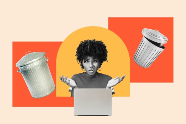 Woman frustrated in front of laptop flanked by garbage cans representing bad search results