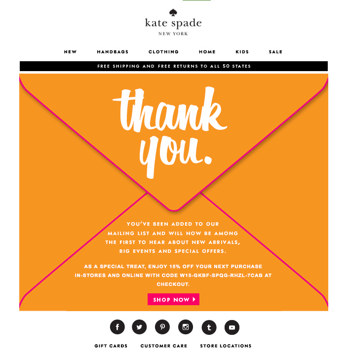 Kate Spade welcome email with orange envelope graphic saying thank you