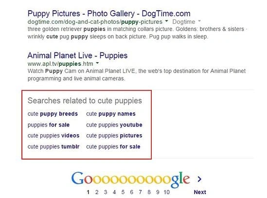 Related searches at the bottom of Google SERP that reads "searches related to cute puppies" along with keyword suggestions
