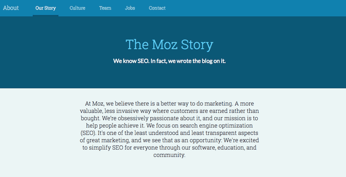 The story of Moz on its About Us page