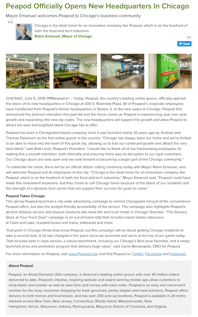 Press release by Peapod reporting on the company's new headquarters in Chicago