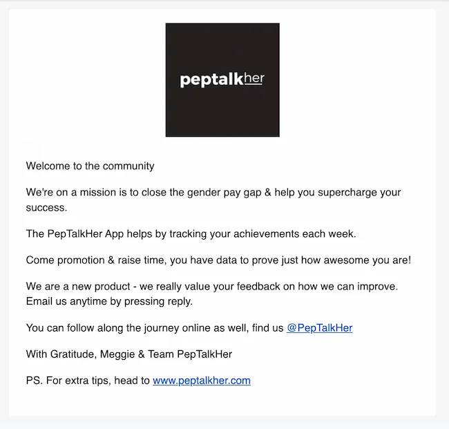 Welcome email examples: PepTalkHer