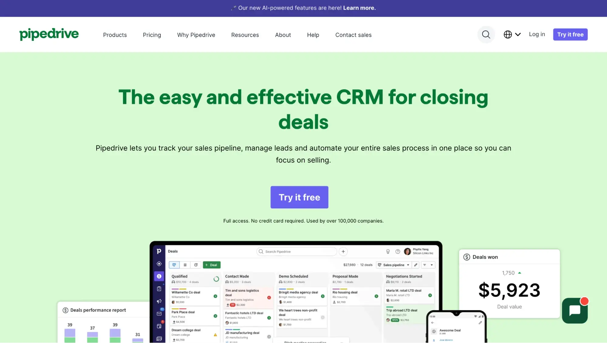 CRM example screenshot of Pipedrive homepage