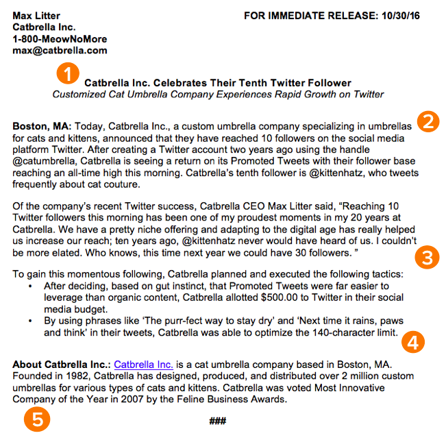 Sample press release format by HubSpot, with orange markers showing five rules to follow