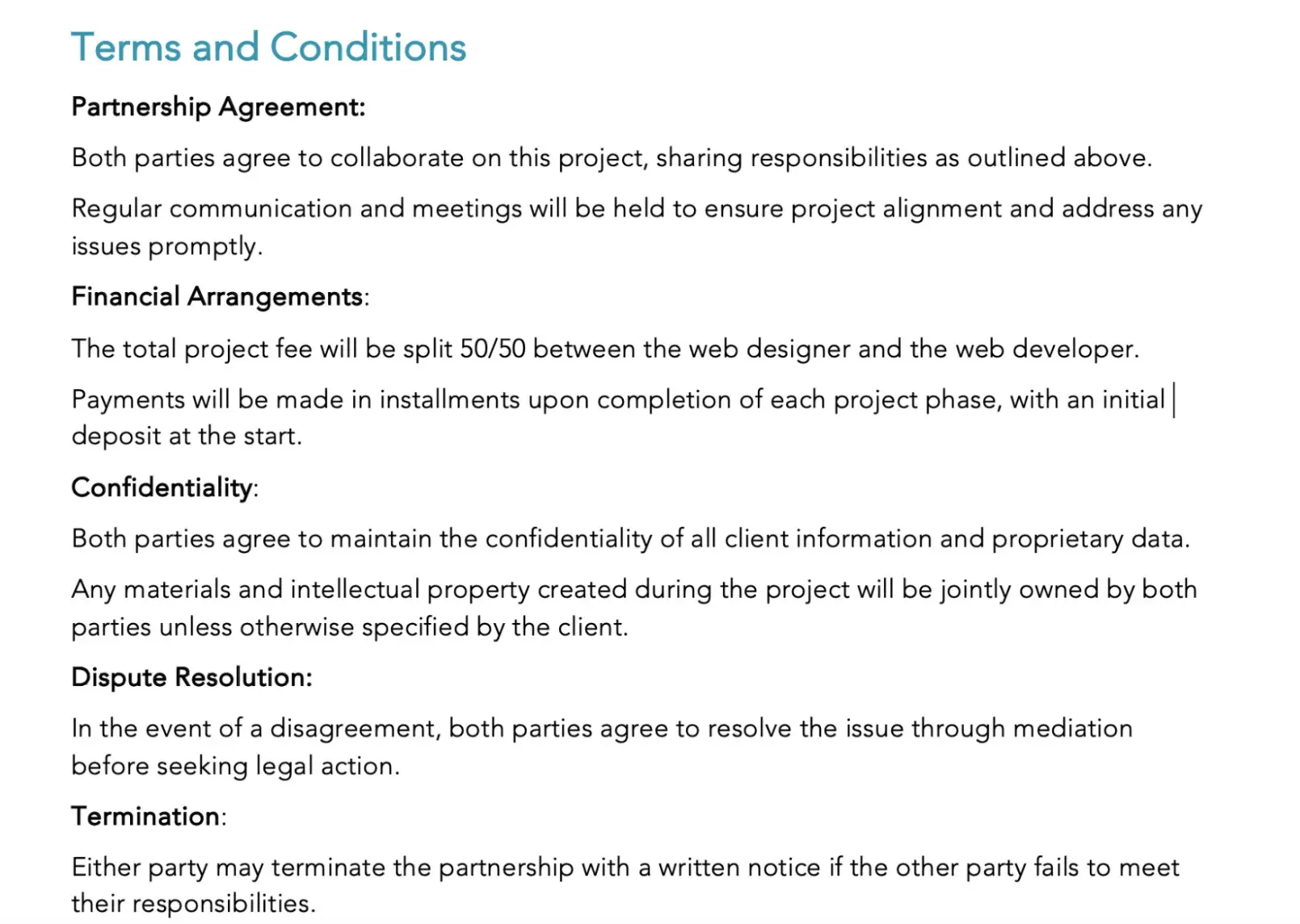 how to write partnership proposal terms and conditions