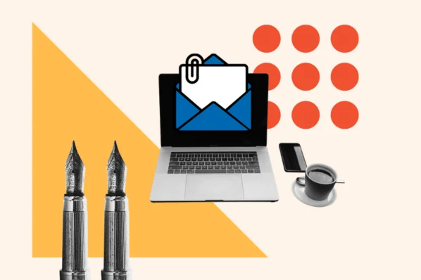 Psychological email tactics graphic with pens and a laptop for writing and an email icon.