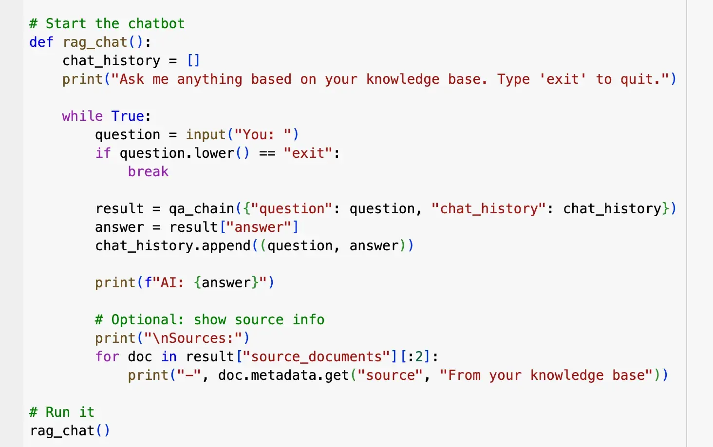 python ai chatbot code using rag chat history