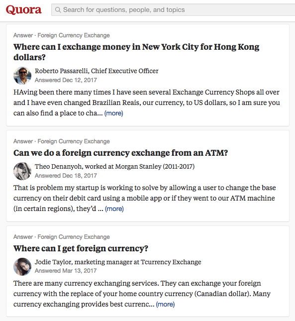 Group of Quora questions about foreign currency exchange