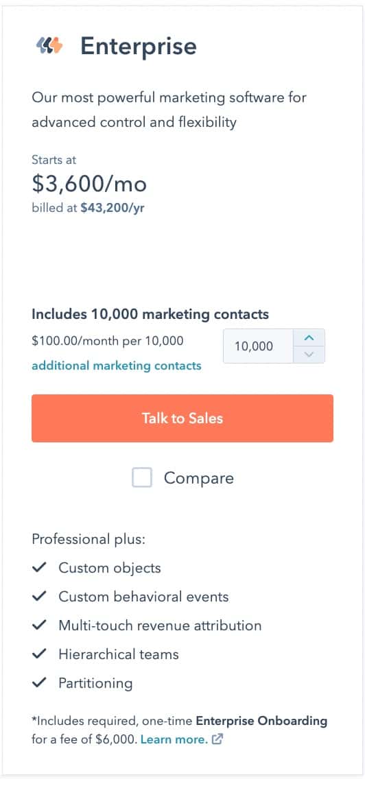 How to price a SaaS product, Marketing Hub enterprise pricing plan