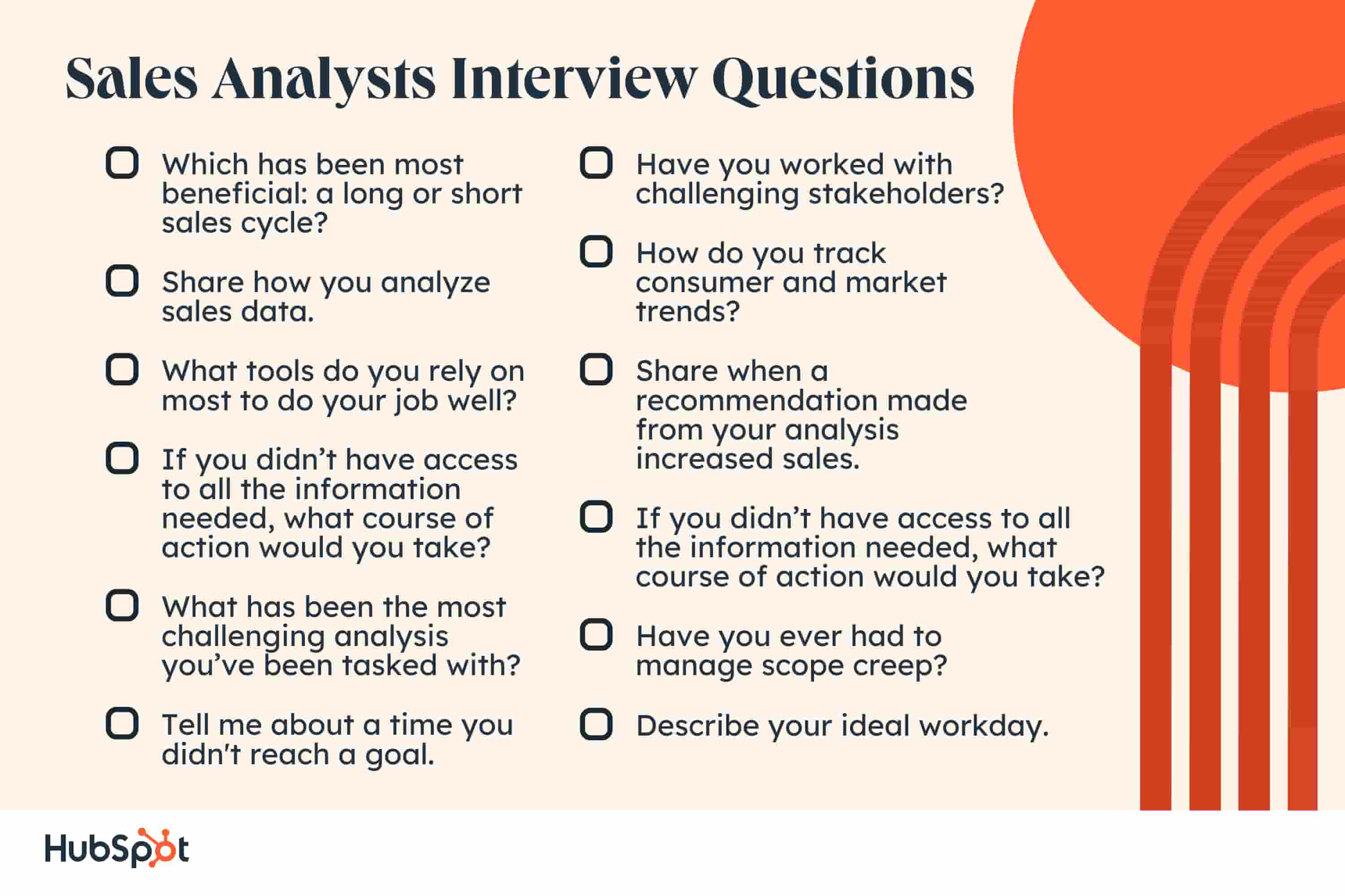 Sales Analysts Interview Questions. Which has been most beneficial: a long or short sales cycle? Share how you analyze sales data. What tools do you rely on most to do your job well? If you didn’t have access to all the information needed, what course of action would you take? What has been the most challenging analysis you’ve been tasked with? Tell me about a time you didn't reach a goal. Have you worked with challenging stakeholders? How do you track consumer and market trends? Share when a recommendation made from your analysis increased sales. If you didn’t have access to all the information needed, what course of action would you take? Have you ever had to manage scope creep? Describe your ideal workday.