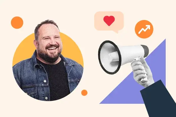 Screenwriting techniques for marketing graphic with a megaphone for amplifying a brand narrative and an image of JJ Peterson