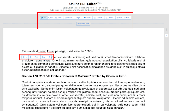 Edit toolbar for editing a PDF on Sejda