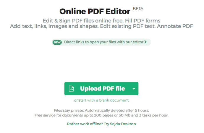 Homepage of Sejda for uploading PDFs to edit