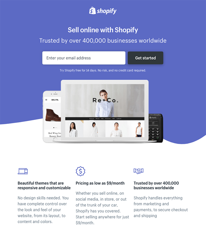 Shopify sign-up landing page