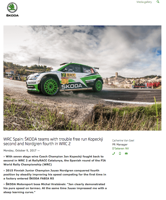 Event press release by Skoda, showing a picture of the company's green racing car
