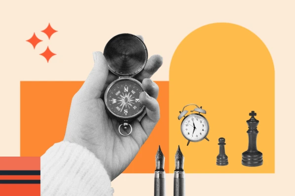 SMART goals graphic with a woman holding a compass for direction, pens for writing goals, clock to time-bound, and chess pieces for strategy.