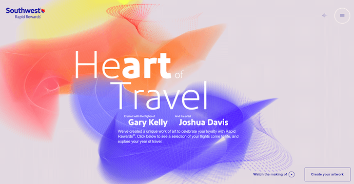 صفحه خانگی از قلب سفر با خطوط هوایی جنوب غربی، یک برنده جایزه وب سایت