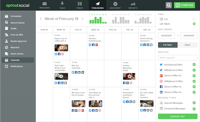 Content calendar interface by Sprout Social, a tool for scheduling Instagram posts
