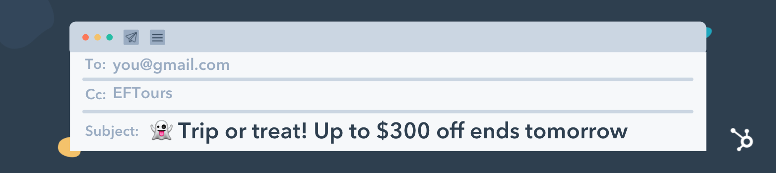 catchy email subject lines example, trip or treat! Up to $300 off ends tomorrowI