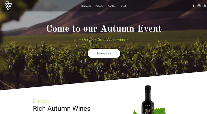 Website promoting wine event built with Duda