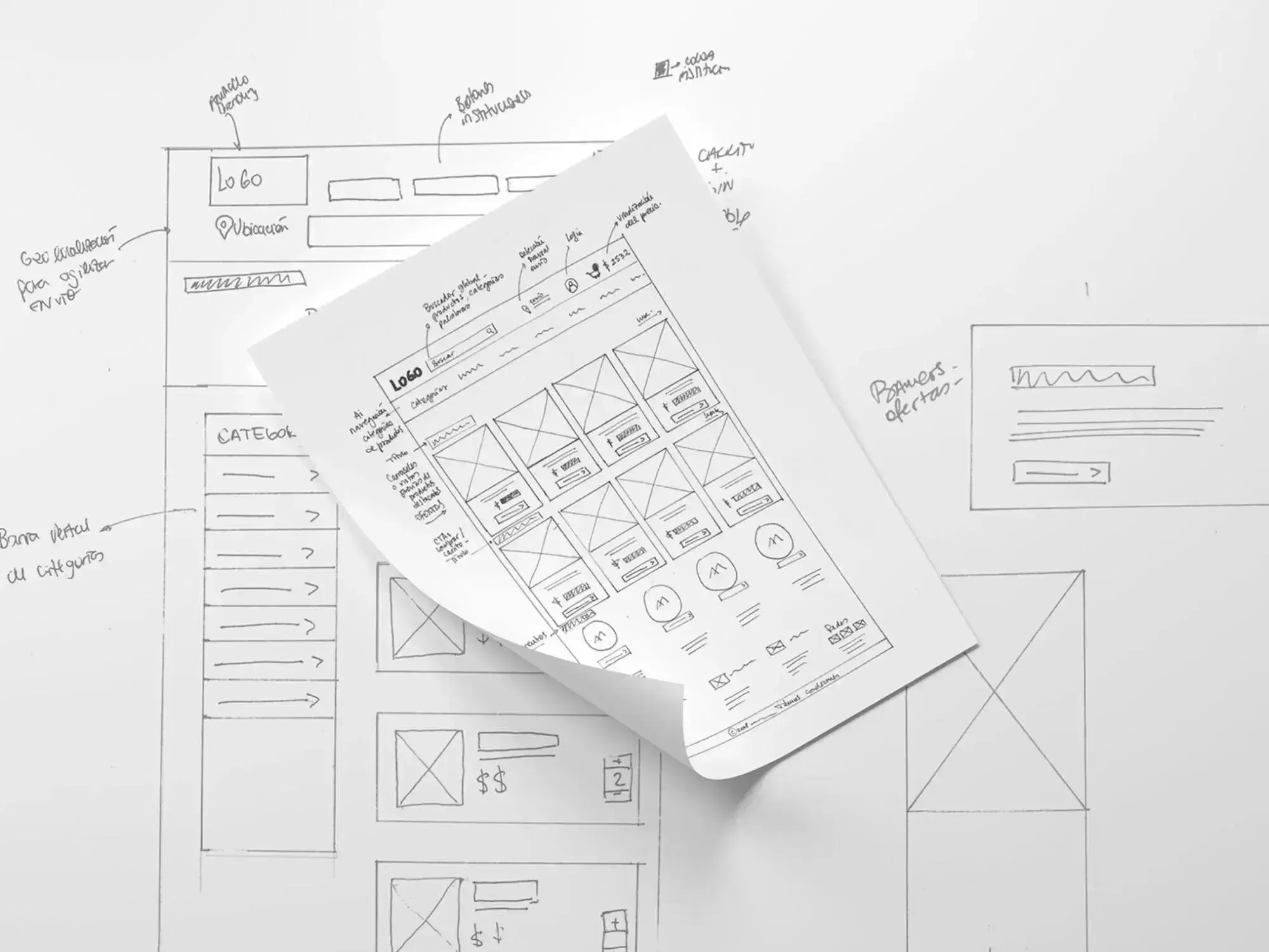 wireframes creation process illustrated with a low-fidelity sketch showing basic page layout elements and content placement
