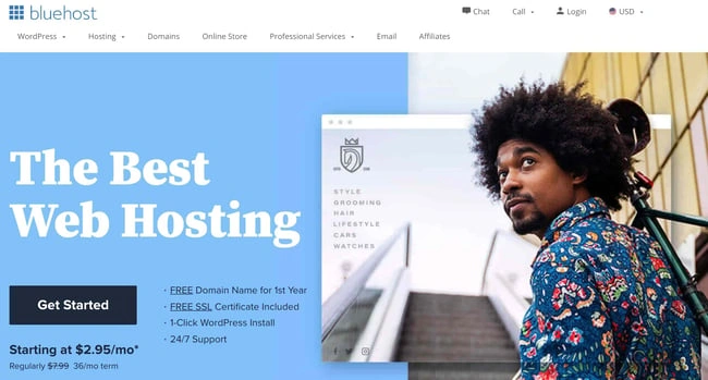 product page for bluehost wordpress website hosting