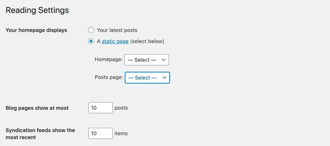 the reading setting page on a wordpress website