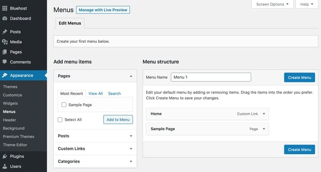 the menus options page on a wordpress website